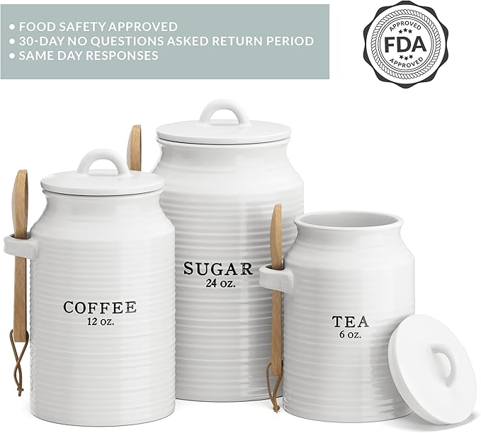 Barnyard Designs Canister Set for Kitchen Counter, Coffee Tea Sugar Container Ceramic Set, Decorative Canisters, Rustic Farmhouse Canister Jars, White (Coffee/Sugar/Tea)