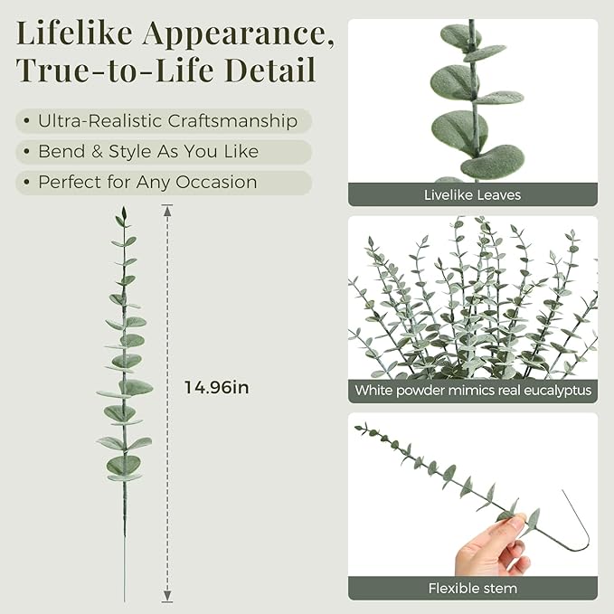 24Pcs Faux Eucalyptus Stems, 15" Artificial Eucalyptus Plants with White Frosted Coating, Fake Eucalyptus Decor Plastic Greenery Leaves for Wedding Bouquets Home Decor DIY Floral Arrangements