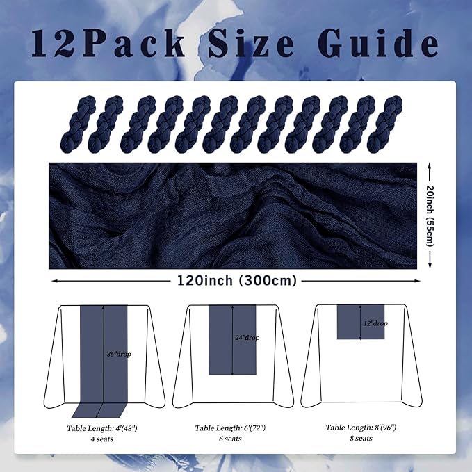 12 Pack Navy Blue Cheesecloth Table Runner 10FT Boho Fabric Rustic Cheese Cloth Table Runner for Wedding Bridal Shower Baby Shower Gauze Sheer Birthday Party Table Decorations 20 x 120 Inch Long