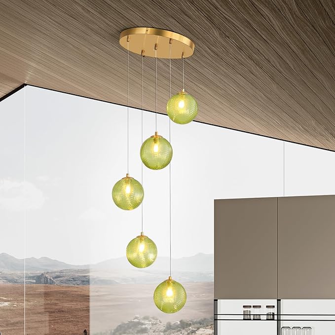 5-Light Chandelier, Globe Green Glass Flush Mount Pendant Light,15W Ceiling Hanging Light for Staircase Foyer Entryway Living Room Hotel Kitchen Island（3000K,G9 Bulbs Include）