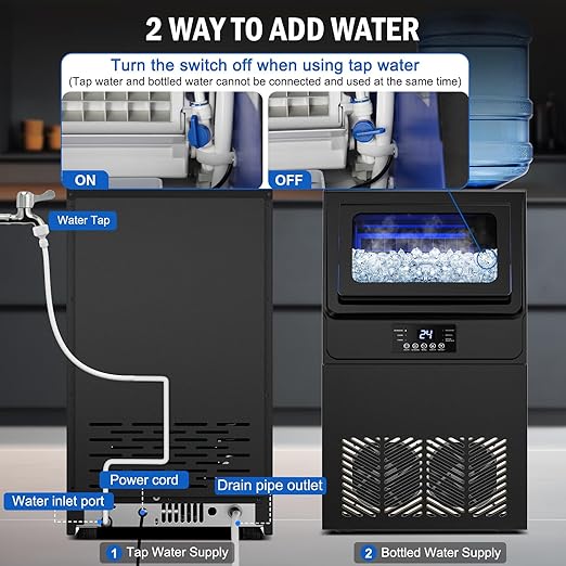 Commercial Ice Maker Machine 100 LBS/24H, 36 Ice Trays Freestanding & Undercounter Ice Machine Stainless Steel with 20 LBS Ice Storage Capacity, Ice Maker with Water Line, Dual Water Inlet, Black