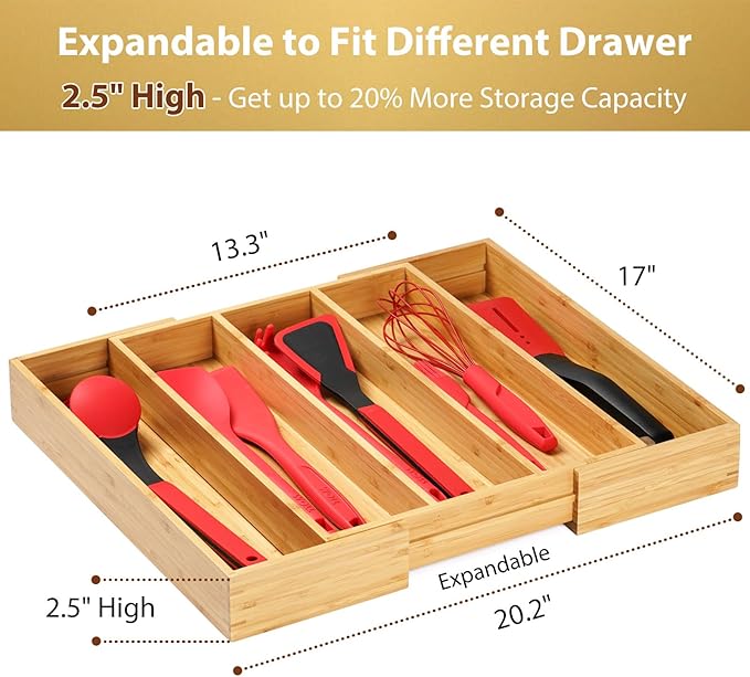 Umilife Expandable Kitchen Drawer Organizer, 2.5" High Bamboo Utensils Silverware Tray, Adjustable Large Deep Wood Organization Holder