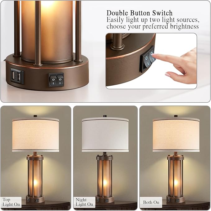 Farmhouse Table Lamps for Living Room with 2 USB Charging Ports, Vintage Rustic Nightstand Lamp with Amber Glass Nightlight, Retro Desk Lamp for Bedroom Entryway, 2 Bulbs Included