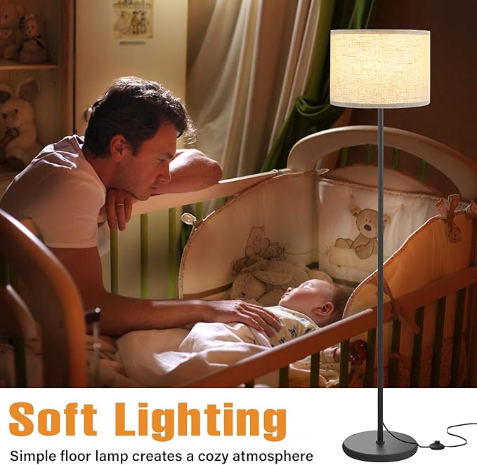 Ambimall 61'' Modern Floor Lamp with Shade, Tall Lamps for Living Room, Bedroom, Office, Dining Room, Beige Shade with Black Pole(Without Bulb)