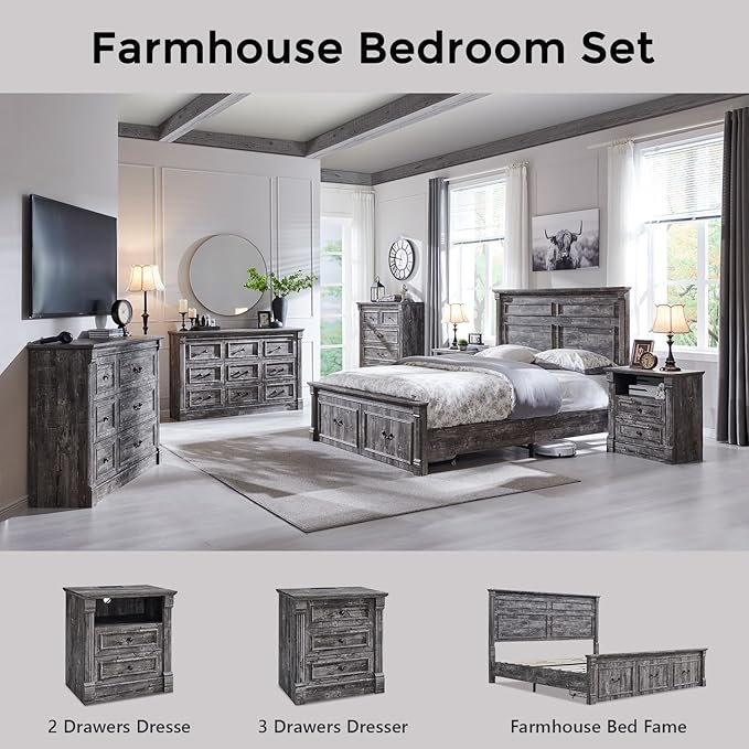 26" Tall Farmhouse Nightstand, 2 Drawers End Table w/Charging Station, 23.6" Wide Large Side Table w/Roman Column, Wood Rustic Sofa Table w/Open Shelf, Bedside Table for Bedroom, Light Gray