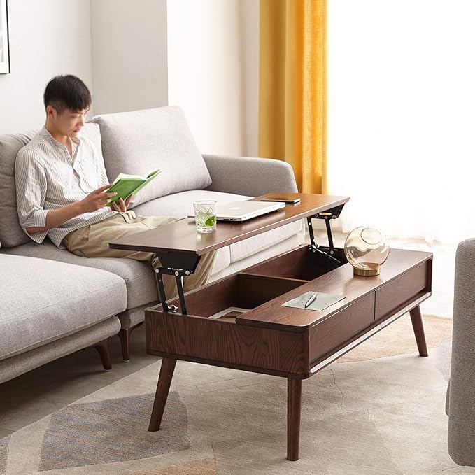 100% Solid Wood Lift Top Coffee Table for Living Room, Mid Century Modern Tables with Drawers and Large Storage, Oak Wood Coffee Tables for Small Spaces (Oak Walnut Color, 47.24"W x 23.62"D x 25.59"H)