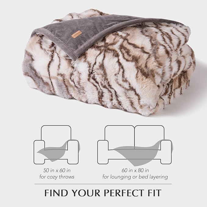 EVERGRACE Ultra Soft Luxury Fluffy Ridgeline Faux Rabbit Fur Throw Blanket, Thick Warm Bubble Throw for Bed, Cozy Plush Reversible Blankets for Couch, Chair, Sofa, Beige & Gray, 60x80 Inches, 870 GSM