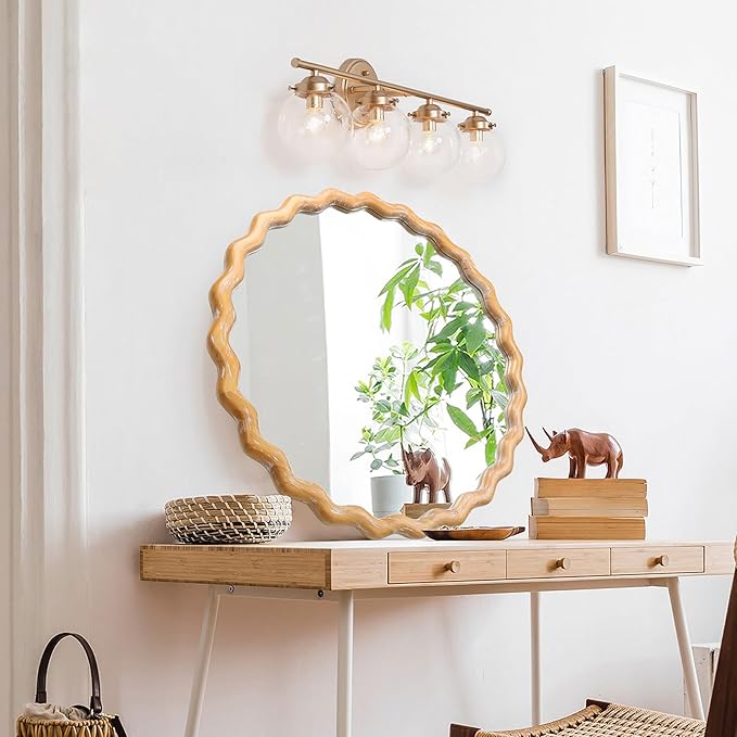 Wavy Mirror 27.5x27.5 Inch, Decorative Bathroom Mirror with Natural Wood Frame, Entry Way Mirrors for Wall, Shatterproof Glass, Mirrors for Wall Decor