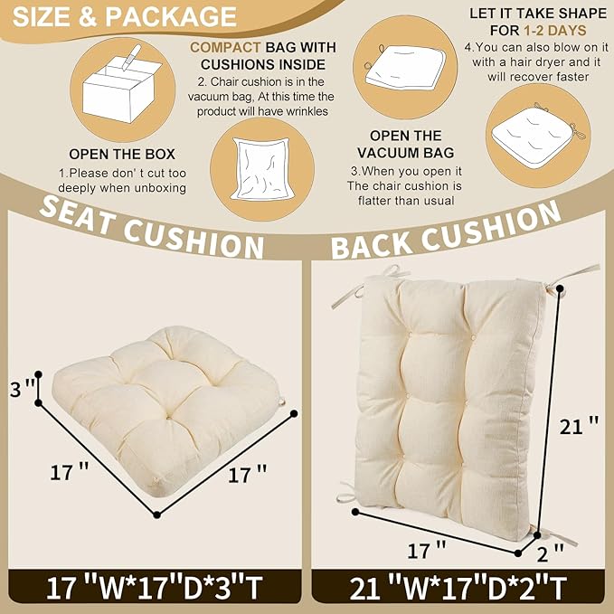 BUYUE Chair Cushion Set for Rocking Chair, Back Pillow & Seat Cushion with Ties, Original Woven Fabric Non-Slip Chair Pads for Elderly Sitting, Beige