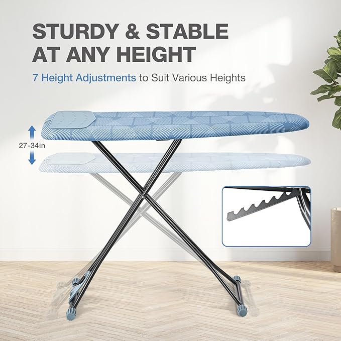 APEXCHASER Ironing Board with Iron Rest, Compact and Space Saver Iron Board, Extra Thick Cover, Height Adjustable, Wall Mount & Closet Hanger 13x43 Blue
