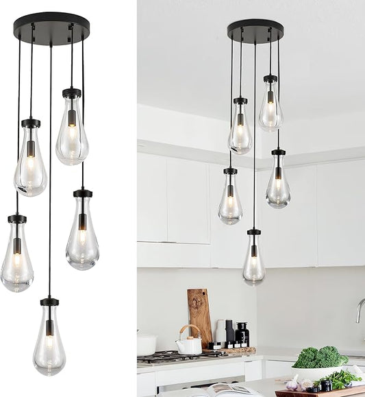 5-Light Raindrop Pendant Light Fixtures, Black Glass Pendant Lighting, Teardrops Modern Hanging Light for Entryway Foyer Kitchen Island Dining Living Room Hallway