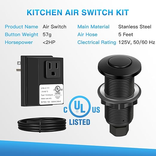 Garbage Disposal Air Switch Kit, UL Certified Professional Garbage Disposal Switch Button Power Module, Sink Top Waste Disposer On/Off Switch