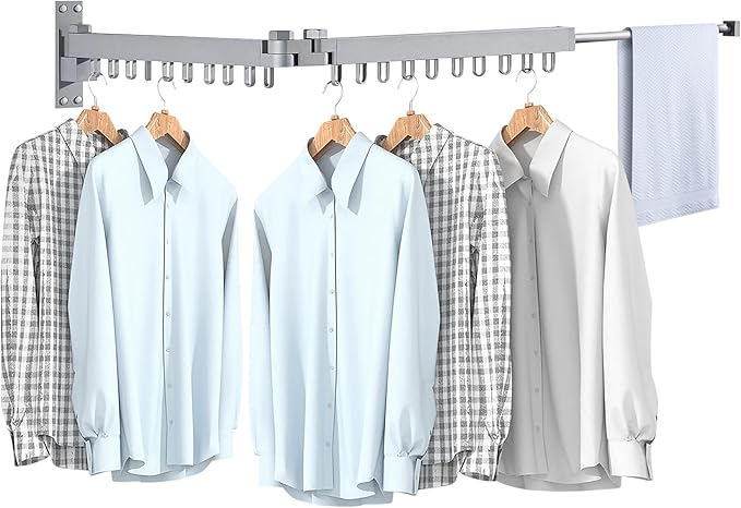 Bakala Clothes Drying Rack, Laundry Drying Rack Foldable, Heavy-Duty Space Saving Hangers, Wall Mounted Clothing Racks for Laundry Room Organization, Folding, Retractable 64" Clothes Dryer (Silver)