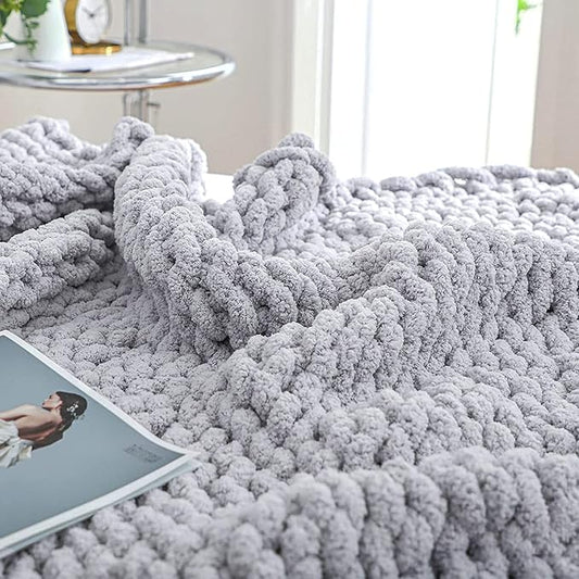Bigacogo Chunky Knit Throw Blanket for Couch, 40x80 inches, 100% Hand Knitted with Thick Jumbo Chenille Yarn, Cozy Soft Large Rope Knot Cable Crochet Blankets for Sofa Bed Living Room, Light Grey