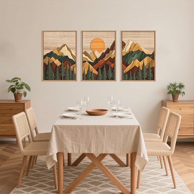 Celestdeco Woodcut Style Mountain Framed Canvas Wall Art Set, Large Brown Ridge Wall Decor, Boho Pine Tree Wall Painting, Abstract Wooden Art Print for Living Room, Bedroom, Office - 24"X36"X3(Not-3D Effect)