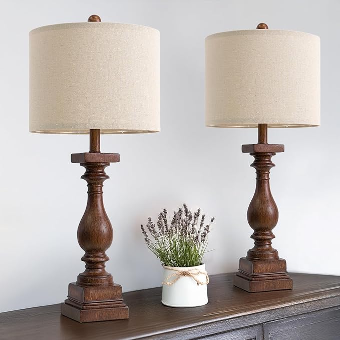 BOBOMOMO 27" Farmhouse Living Room Lamps with USB-A +C Ports, Vintage Rustic Bedside Night Stand Lamps Set of 2, Linen Shade, Retro Side Table Lamps for Living Room, Bedroom, Office, Home Decor