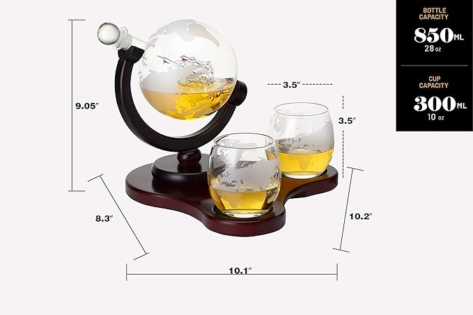 Whiskey Globe Decanter Set with 2 Glasses in Gift Box - Whiskey decanter for Liquor, Whiskey, Brandy, Gin, Rum, Tequila, Vodka, and Brandy - Home Bar Accessories for Men and Women