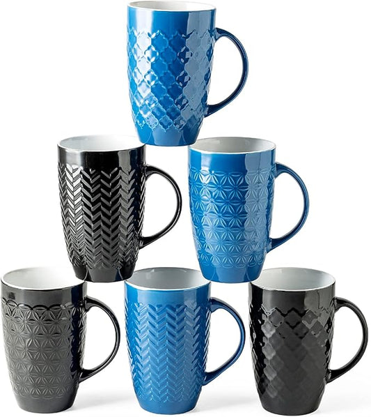 AmorArc Large Coffee Mugs Set of 6, 20oz Ceramic Tall Coffee Mugs Set with Textured Geometric Patterns for Latte/Tea/Beer/Hot Cocoa, Dishwasher & Microwave Safe, Multi