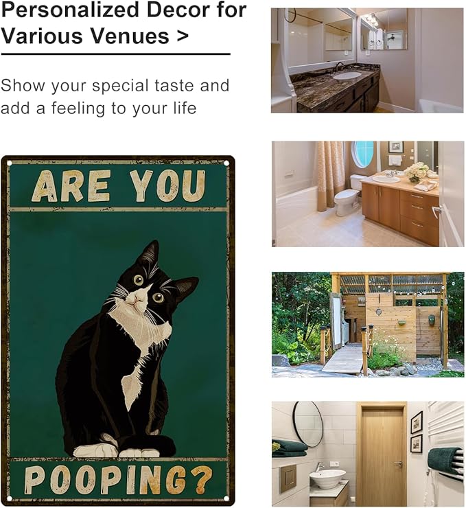 ALKB Bathroom Sign Tuxedo Cat Wall Decor Funny Metal Sign 8x12 Inch - Are You Pooping - Wall of Glory Decor Black Cat Sign