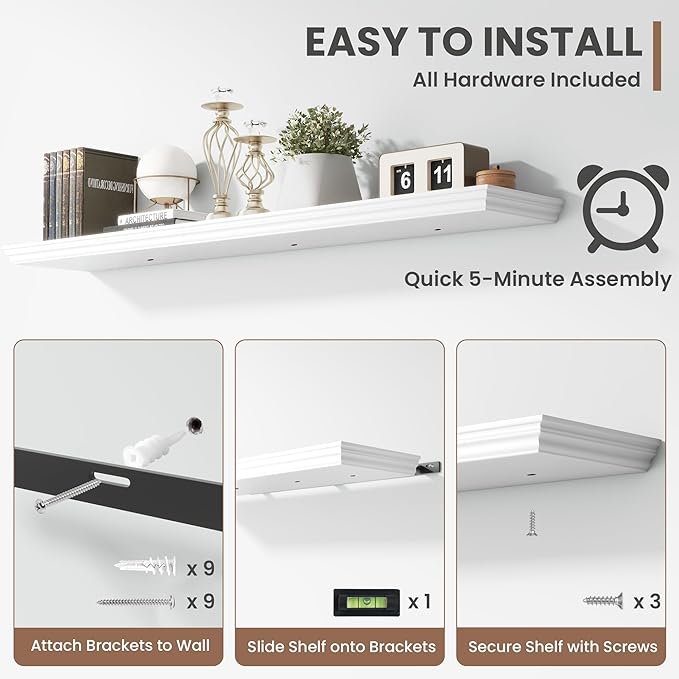 Floating Shelves for Wall, 55 Inch Long Wall Mounted White Hanging Shelf for Kitchen, Living Room, Office, Bedroom, Bathroom, Retro Vintage Wood Bookshelf for House Decor