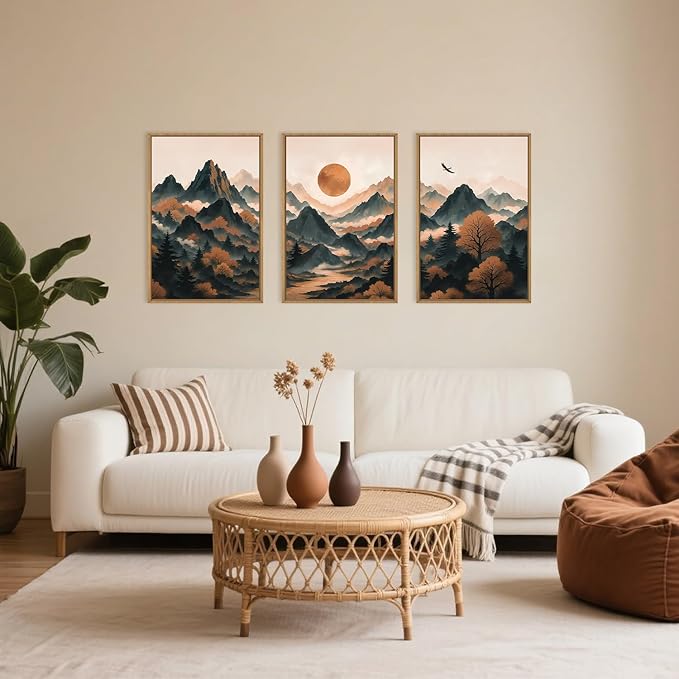 Celestdeco Large Boho Mountain Framed Canvas Wall Art Set, Brown Ridge Landscape Wall Decor, Pine Tree Scenery Wall Painting, Abstract Wilderness Art Print for Living Room, Bedroom, Office - 24"X36"X3