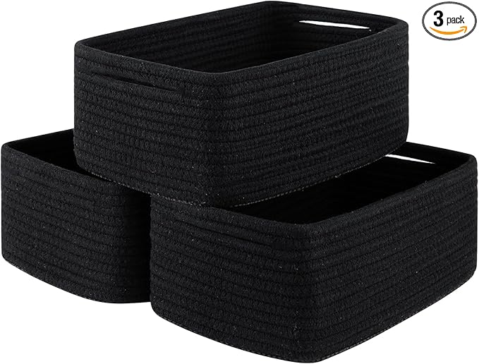 3 Pack Small Storage Baskets for Organizing, Cute Woven Decorative Gift Baskets for Shelves, Mini Closet Organizer Bins with Handles, 11.81''Lx7.87''Wx4.72''H-Black