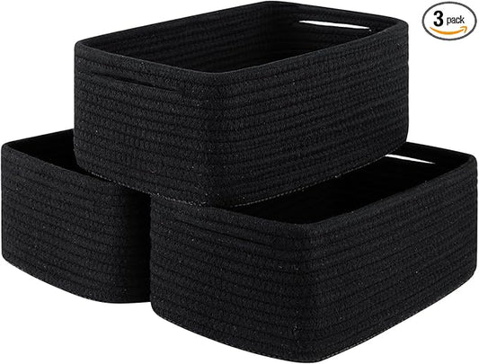 3 Pack Small Storage Baskets for Organizing, Cute Woven Decorative Gift Baskets for Shelves, Mini Closet Organizer Bins with Handles, 11.81''Lx7.87''Wx4.72''H-Black