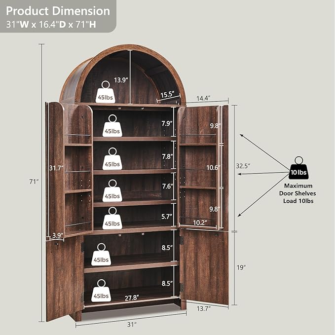 71" Tall Arched Bathroom Storage Cabinet, Modern Fluted Storage Cabinet w/Doors, 3 Adjustable Shelves, 6 Door Shelves, Wood Freestanding Cabinet for Bathroom, Entryway, Hallway, Brown