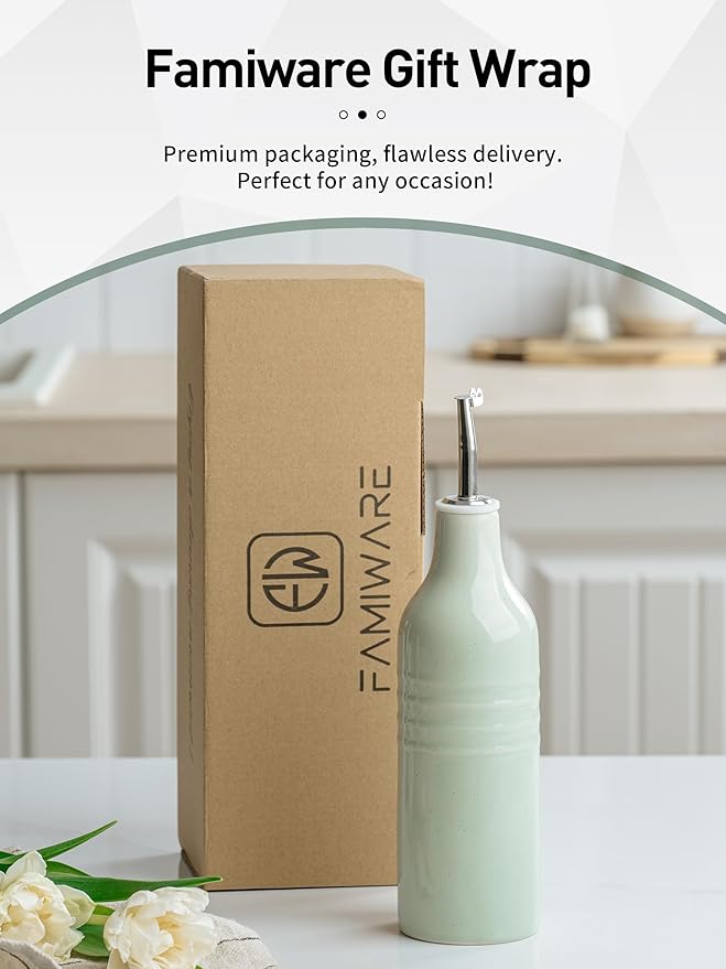 famiware Jupiter 16oz Ceramic Olive Oil Dispenser Bottle, Olive Oil and Vinegar Dispenser Bottle Set of 2 with Stainless Steel Pourers, Suitable for Storage Vinegar, Liquids, Light Green