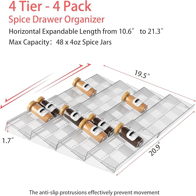 4-Tier Non-Slip Spice Drawer Organizer, 4-Pack Checkered Frosted Clear Acrylic, Expandable (11''-22'') Spice Rack for Kitchen Drawer Storage – Holds Seasonings, Herbs, and Spices (Jars Not Included)