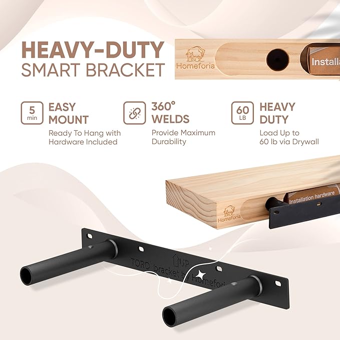 Homeforia 16 inch Oak Floating Shelf, High End Solid Real Wood 16inch Small Floating Shelves for Wall Mounted, Honey Oak Wooden 16in Floating Shelves, Heavy Duty Bracket, 16 X 6.5 X 1.75 in, Set of 2