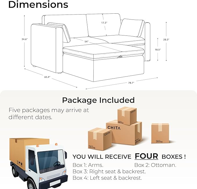 CHITA Modular Sectional Sofa, FSC Certified L Shaped Couch with Reversible Chaise, Modular Sectional Couch for Samll Space,78 Inch Width, 3 Seat Modular Sofa with Storage Ottoman, Blue