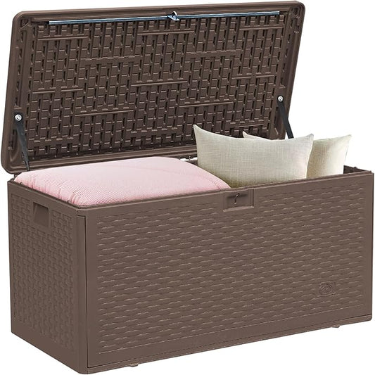 73 Gallon Pro Outdoor Storage Box Waterproof Lockable Resin Deck Box Large, Patio Storage Bin for Pool Accessories Cushion Furniture, Garden Tools, UV-Resistant Outside Delivery Brown