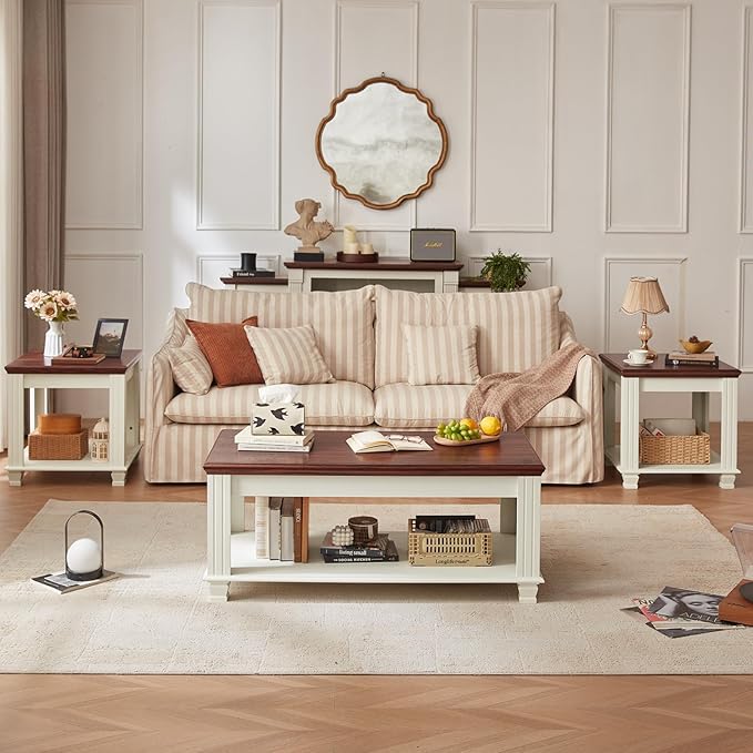 Farmhouse Coffee Tables for Living Room,Square Tea Table with Open Storage Shelf,Large Coffee Table,Rustic Wooden Center Table,White