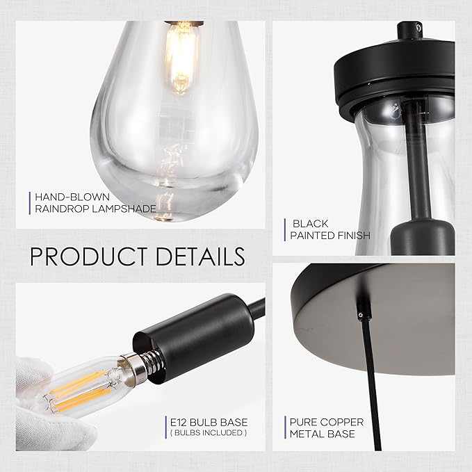 3-Light Raindrop Pendant Light Fixtures, Black Glass Pendant Lighting, Teardrops Modern Hanging Light for Entryway Foyer Kitchen Island Dining Living Room Hallway