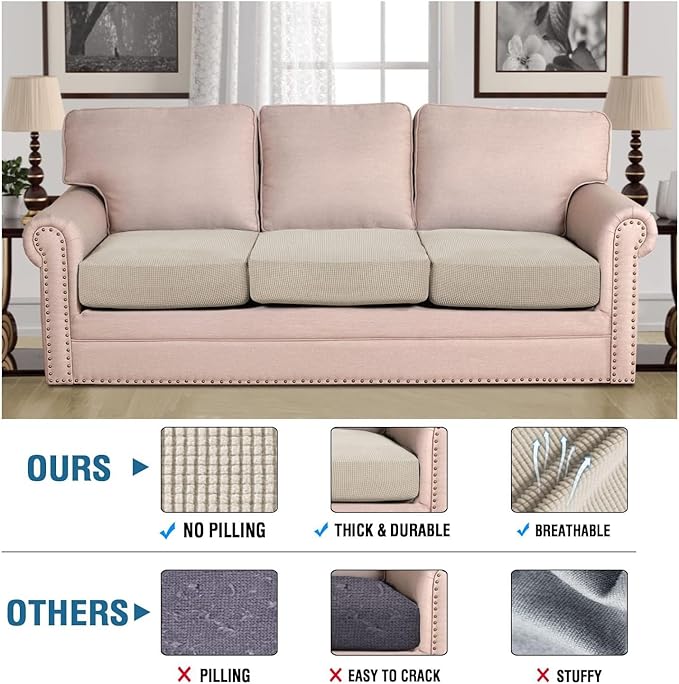 H.VERSAILTEX Super Stretch Individual Seat Cushion Covers - Sofa & Couch Cushion Slipcover Sets - Thick Jacquard Textured Twill Fabric (3 Piece, Island Fossi)