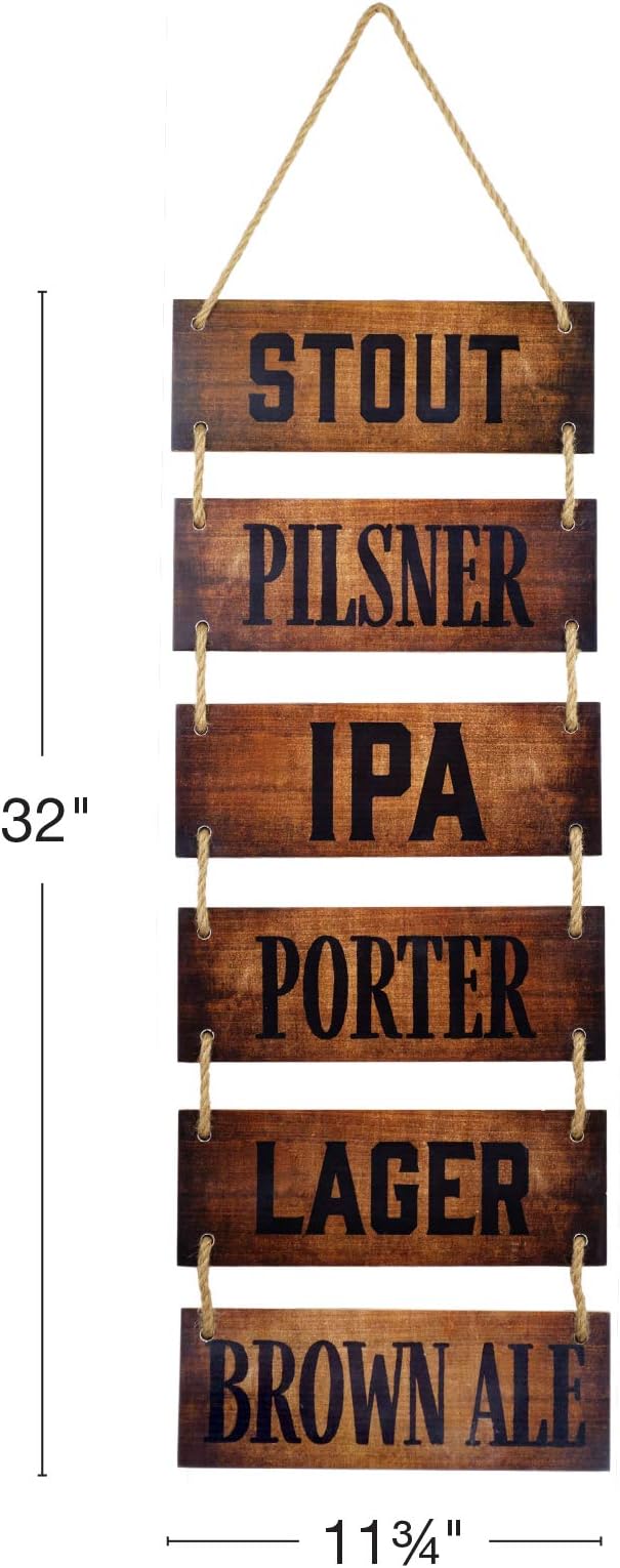 EXCELLO GLOBAL PRODUCTS Large Hanging Wall Sign: Rustic Wooden Decor (Stout, Pilsner, IPA, Porter, Lager, Brown Ale) Hanging Light Wood Wall Decoration (11.75" x 32")