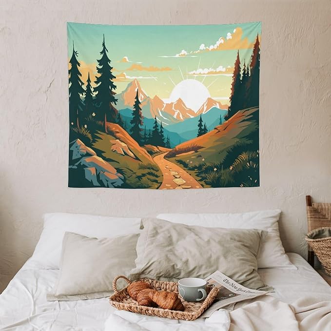 HZOHNAGO Mountain Tapestry Forest Mountain Sunrise Road Pattern Printed Wall Tapestry Wall Hanging for Bedroom Living Room Dorm 60" W x 50" H