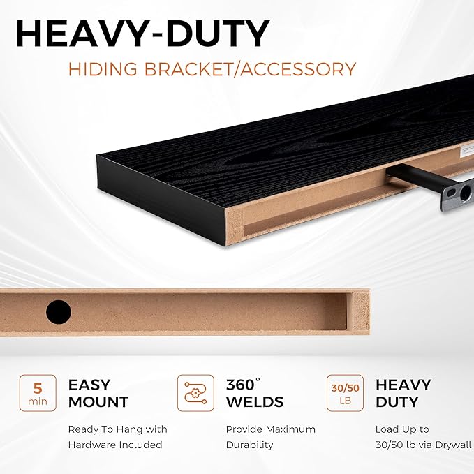 Fun Memories Floating Shelves for Wall, 24" Rustic Wood Deep Wall Mounted Shelves with Invisible Brackets for Decor & Storage, Floating Shelf for Living Room, Bathroom (Black, Set of 2)