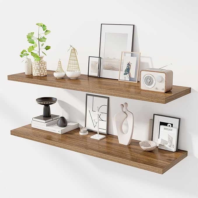48" Floating Shelves for Wall, 12" Deep Slim Walnut Floating Shelves, Wall-Mounted Shelves for Bedroom, Living Room, Kitchen, Bathroom - Set of 2