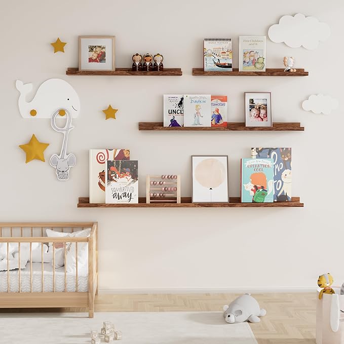 Fun Memories Picture Ledge Shelf, 24 Inch Floating Shelves Set of 2, Nursery Book Shelves for Toys Storage, Kids Bookshelf Wall Mounted for Wall Decor Books Photo Frames, Walnut