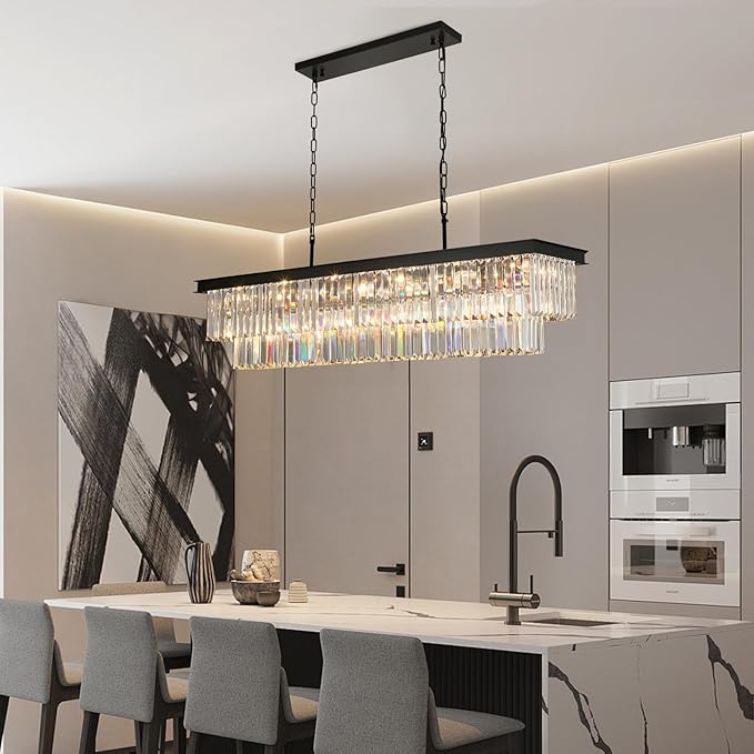 Crystal Chandeliers for Dining Room Light Fixtures Over Table，18-Lights Black Modern Rectangle Chandeliers for Kitchen Island Bar L46 Inch