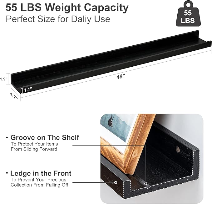 Floating Picture Ledge Shelves 48 Inch Solid Oak Wood Set of 2, Rustic Wall Storage Shelves with Lip, Kids Bookshelf, Photo & Picture Ledge Shelves for Bedroom, Living Room, Kitchen