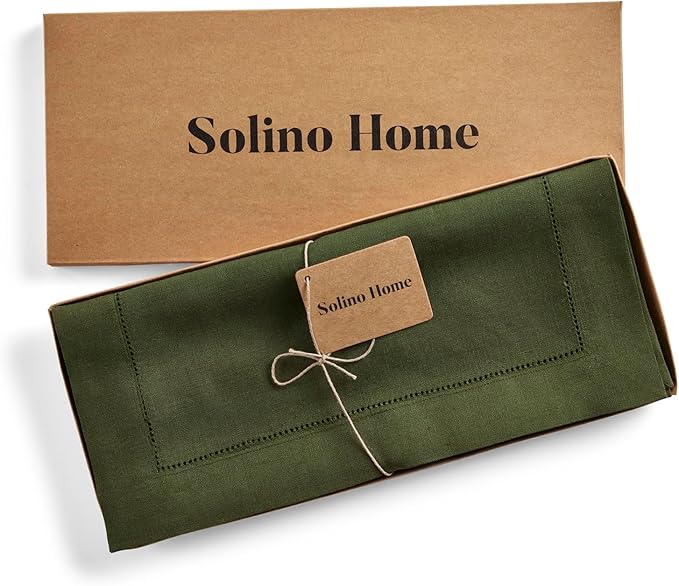 Solino Home Linen Olive Table Runner 72 Inches Long - 100% Pure Linen Hemstitch Table Runner 14 x 72 Inch for Dresser, Dining, Fall, Autumn, Thanksgiving - Classic Hemstitch