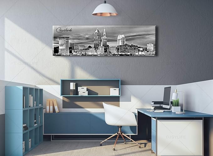 Cleveland Skyline Decor Wall Art Canvas Prints Black and White Night View USA Cityscape Panoramic Painting for Bedroom Office Framed and Ready to Hang 13.8"x47.3"