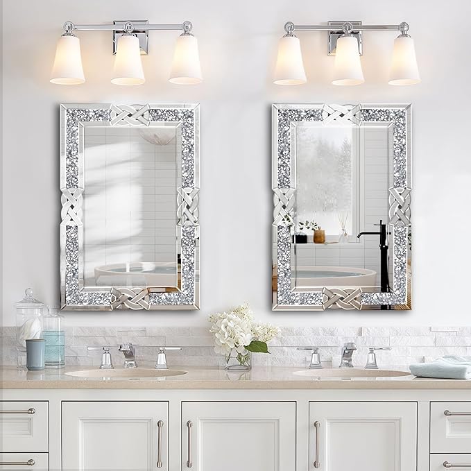 Crushed Diamond Decorative Wall Mirrors, 27.7x39.5 Inch Rectangle Living Room Mirrors for Wall Decor, Modern Glam Bathroom Dining Room Entryway Mirror Silver