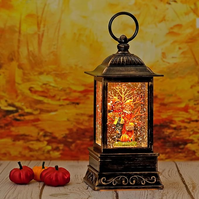 Fall Snow Globes, Scarecrow Couple with Pumpkin Scene Snow Globes, Glittering Lantern with Timer, Snow Globe Lantern USB or Battery Powered for Fall Festival Thanksgiving Day Decor