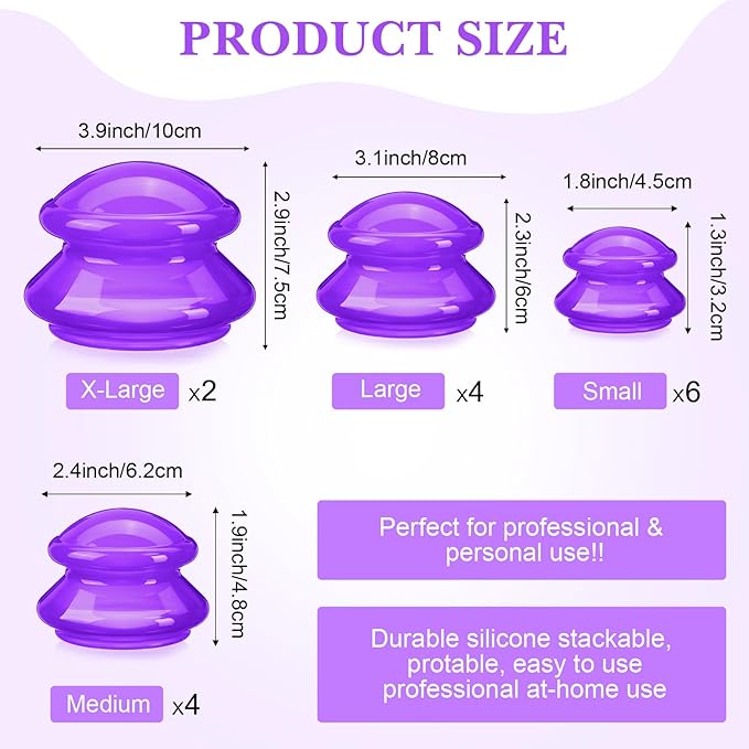 Geiserailie 16 Pcs 4 Sizes Cupping Therapy Set Silicone Cupping Massage Cups Professional Chinese Therapy Cup Vacuum for Body Muscle Nerve(Purple)