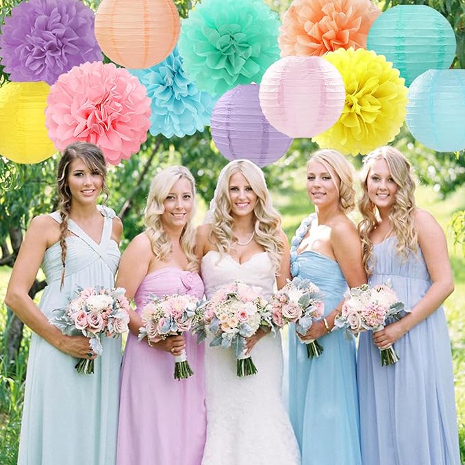 Pastel Rainbow Colorful Party-Decorations Paper Flowers Lanterns - 15PCS Birthday Classroom Baby Shower Tissue Pom Poms Streamers, Macaron Carnival Theme Hanging Supplies Decor Hugfond