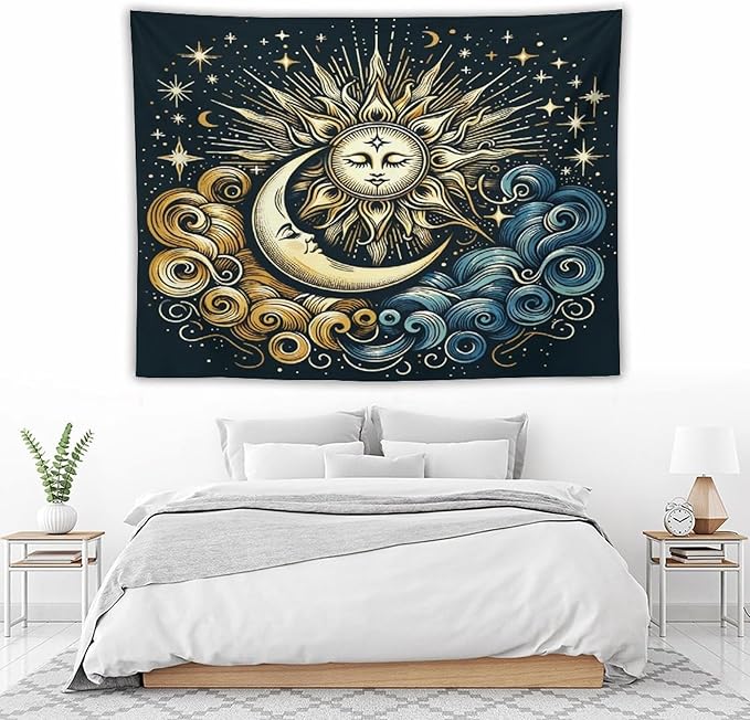 HZOHNAGO Sun Moon Tapestry Boho Golden Stars Pattern Printed Wall Tapestry Wall Hanging for Bedroom Living Room Dorm 80" W x 60" H